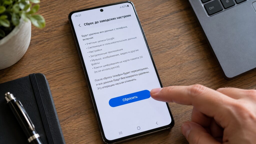 A person preparing to factory reset a Samsung phone