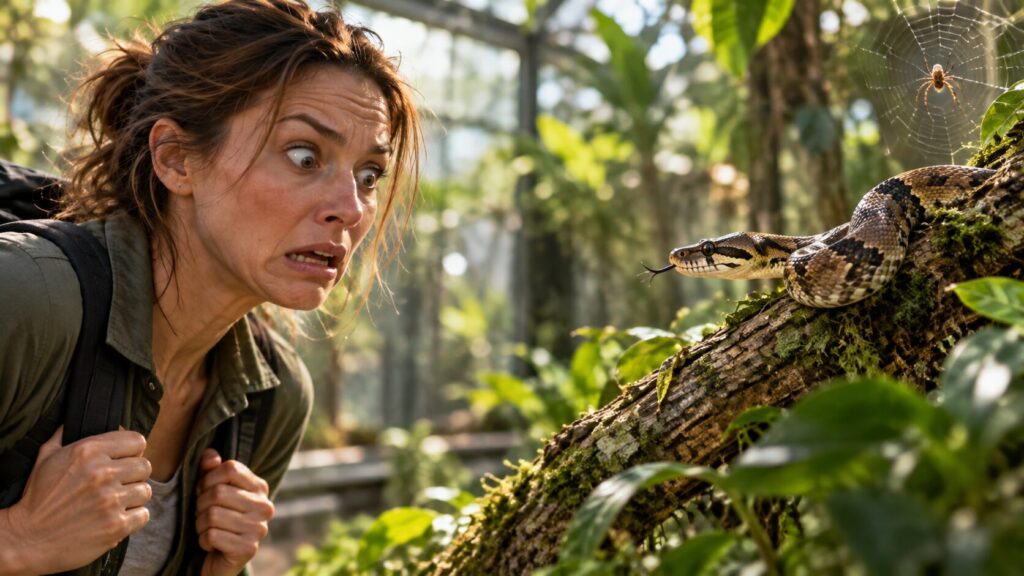 A woman frightened by a snake and a spider