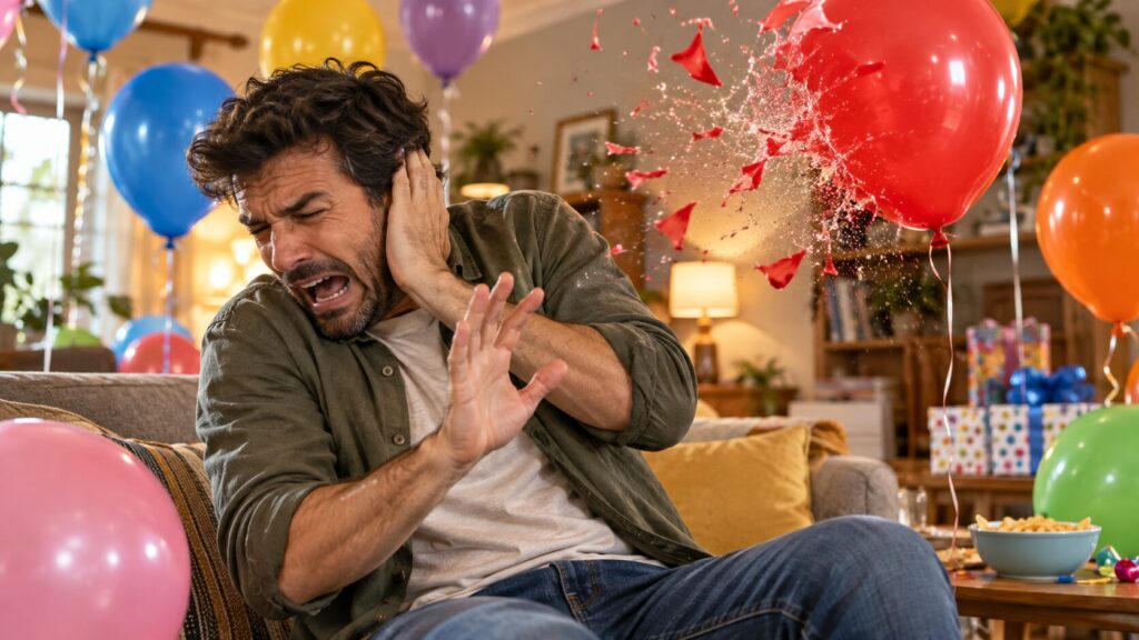 A man startled by a bursting balloon