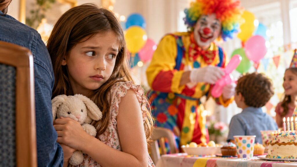 A girl hides from a clown at a children's party