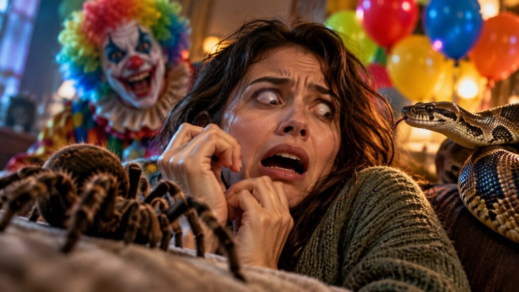 A frightened woman next to a spider, a snake and a clown