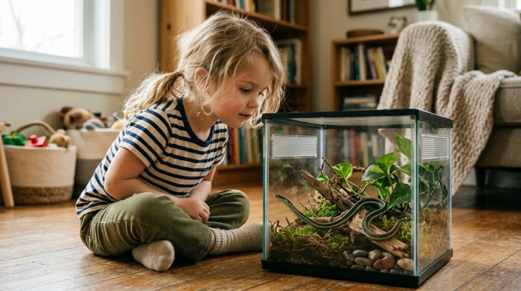 A girl watches a snake in a terrarium