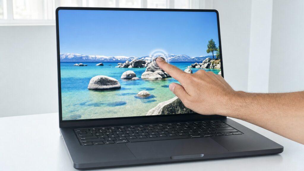 A finger touching a MacBook Pro screen