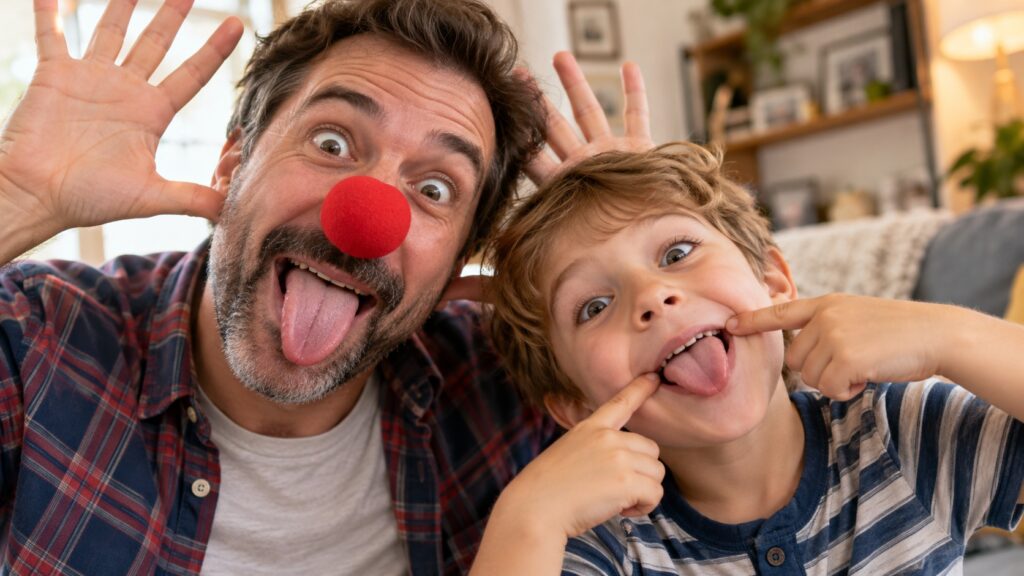A man and a child pulling faces