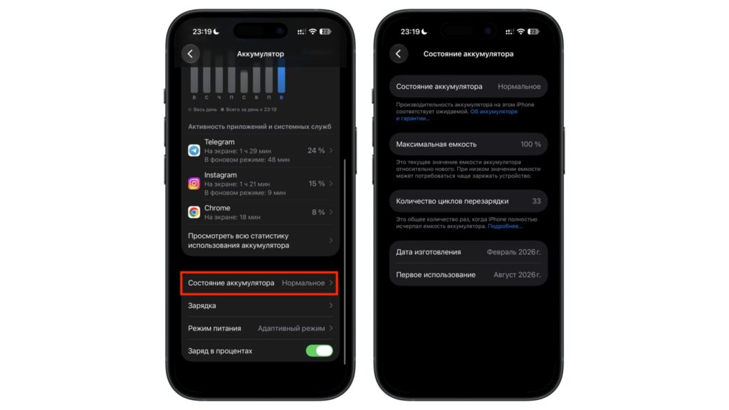 Battery menu showing remaining maximum capacity
