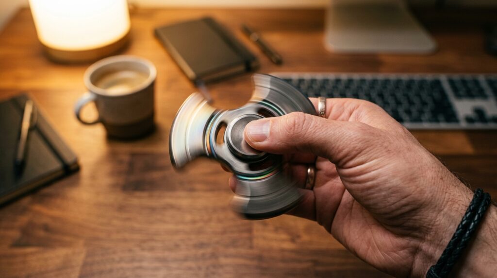 A hand spinning a metal fidget spinner above a desk
