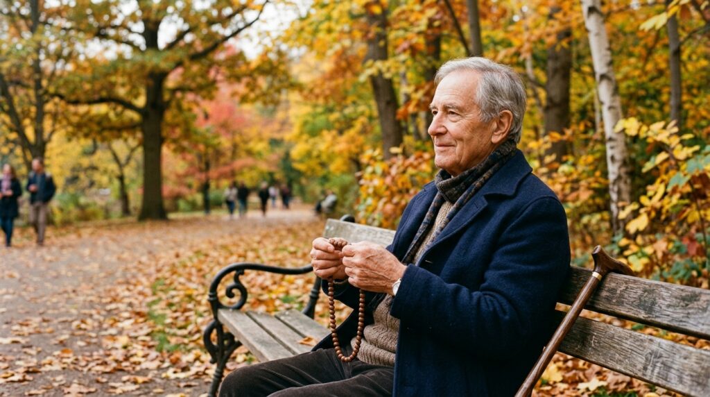 An elderly man on a bench running wooden prayer beads through his fingers in an autumn park