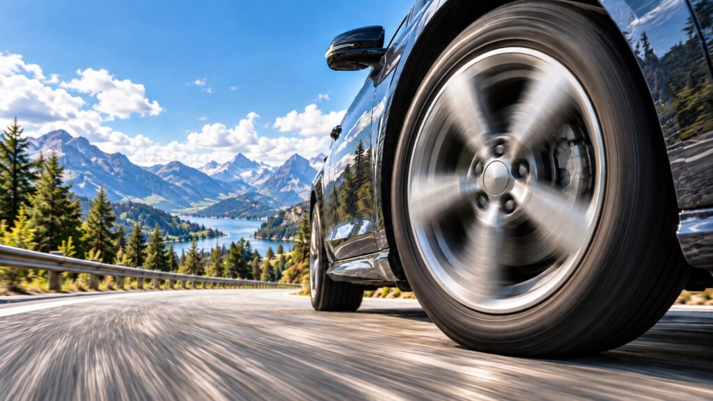 A car wheel spinning at high speed