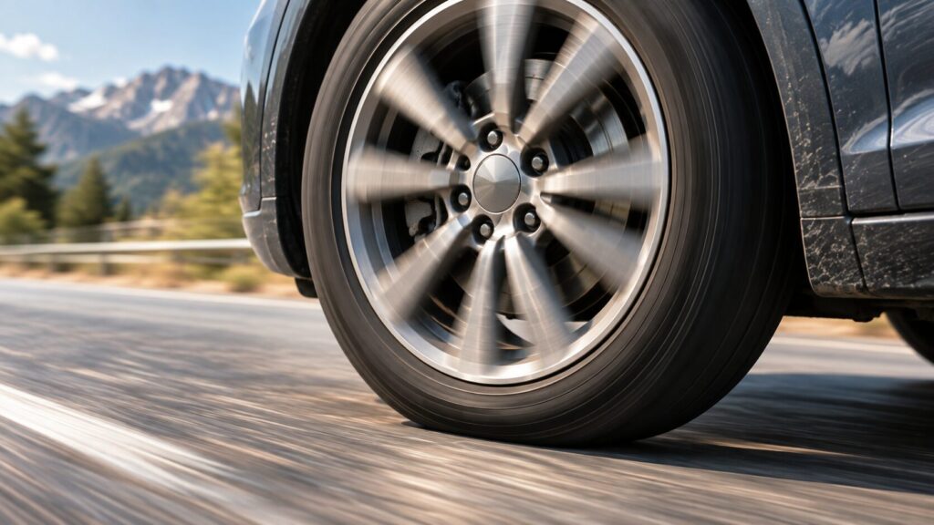 The wheel of a moving car with spokes that look almost still