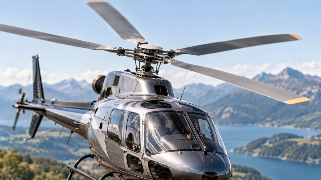 A helicopter whose rotor blades appear motionless