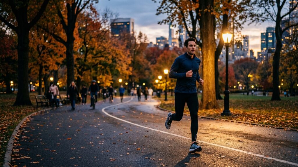 A man running in a park among autumn trees in the evening