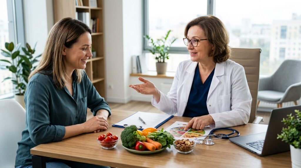 A doctor consults a woman at a desk, with vegetables and a stethoscope nearby