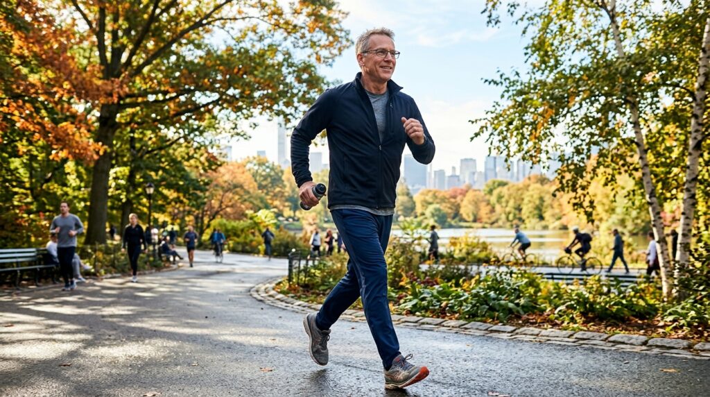A man in a dark jacket running through an autumn park