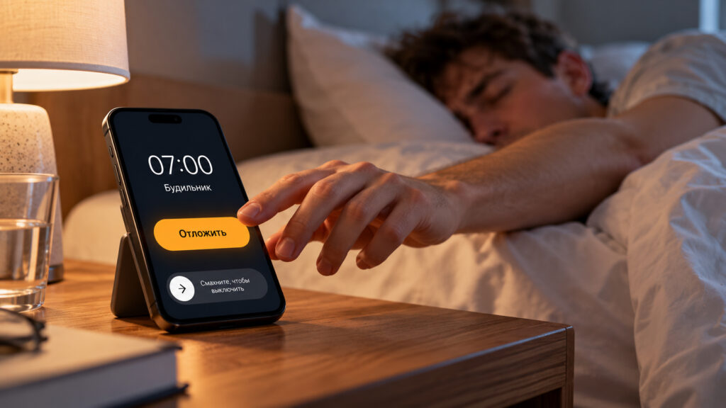 An alarm going off on an iPhone and a person reaching for the Snooze button