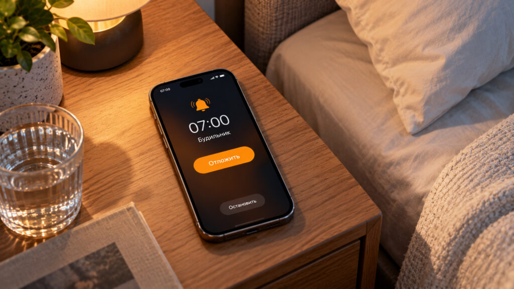 An iPhone on a bedside table showing a ringing alarm and a Snooze button