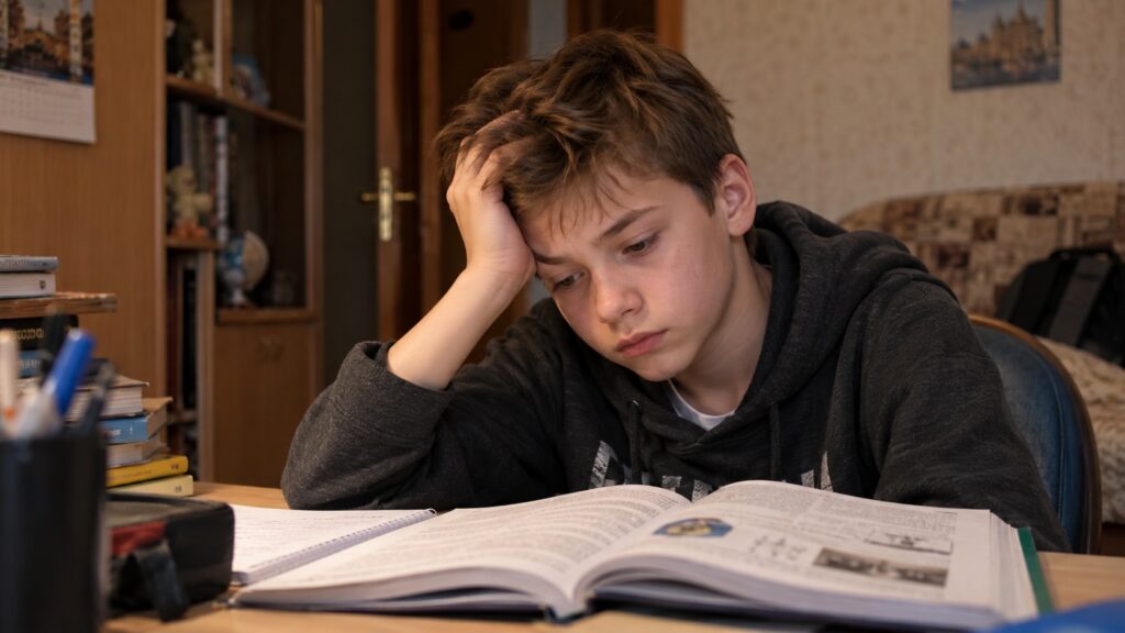 A tired child reading a book