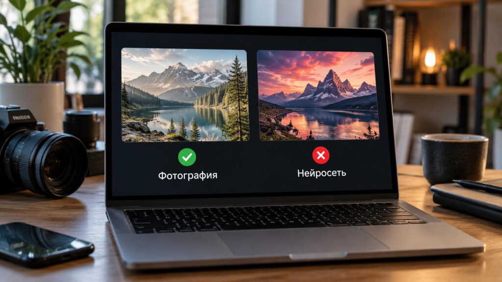 Two images on a laptop screen, one real and one generated by AI