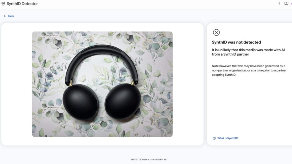 A SynthID was not detected result for a photo of headphones