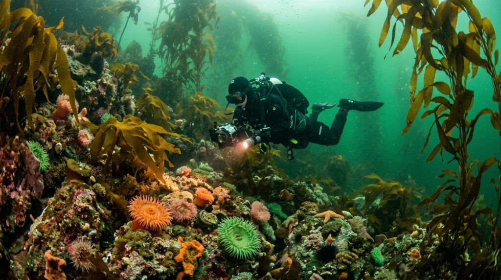 A scuba diver exploring the seabed among seaweed and anemones