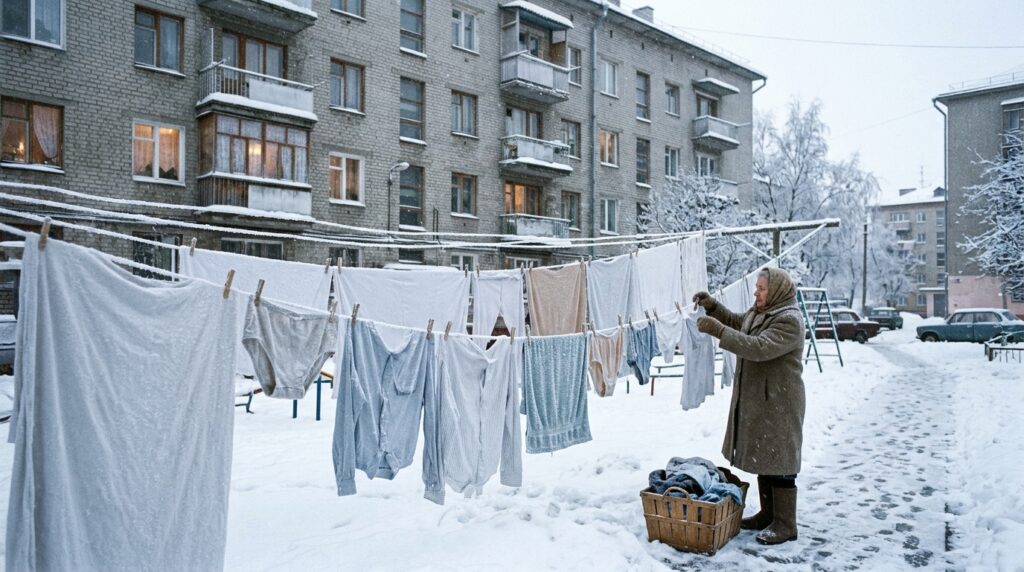 An elderly woman hangs laundry outside in a frosty courtyard