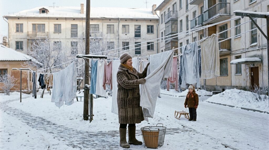 A woman hangs out laundry in a courtyard in winter