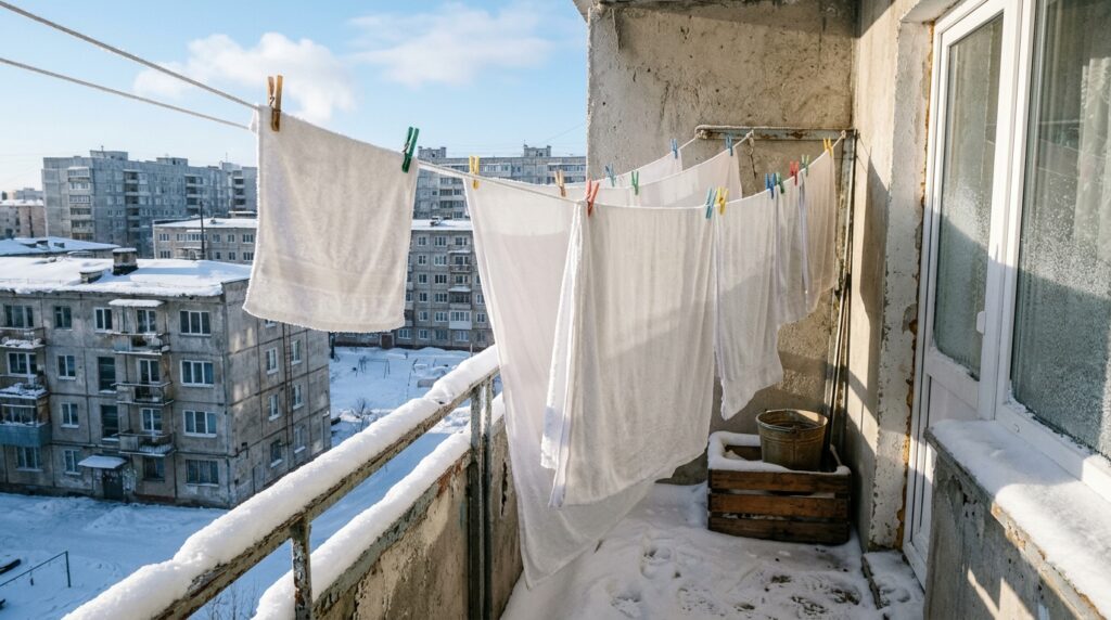 White laundry drying on a snowy balcony of an old building
