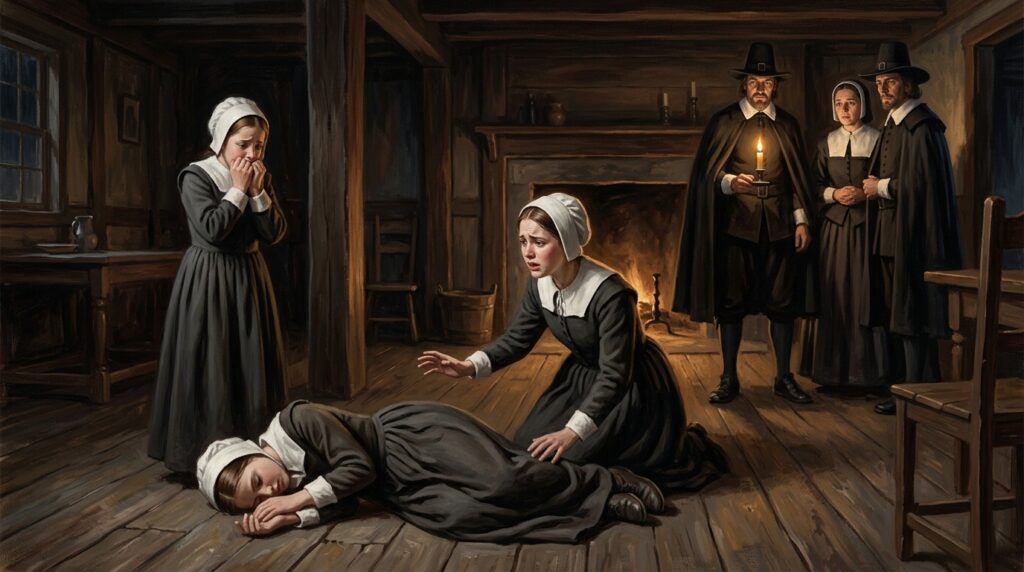 A girl lying unconscious on the floor of a dim room