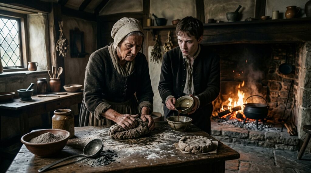 An elderly woman kneading dough by the hearth, with a boy beside her