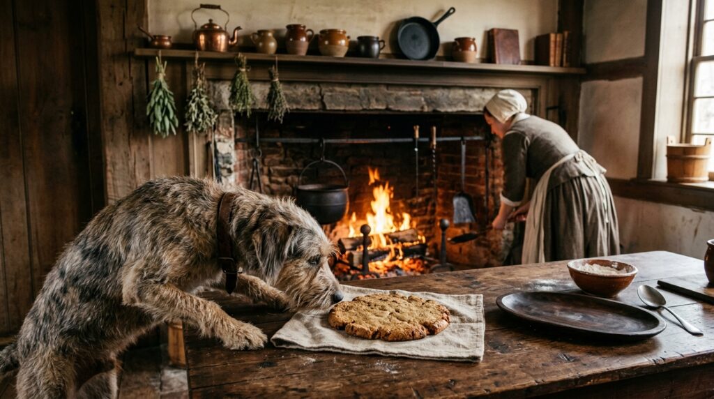 A dog sniffing a flatbread on a wooden table by the fireplace