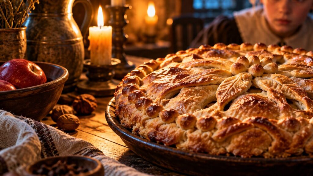 A golden-brown pie on a table in an old candlelit kitchen.