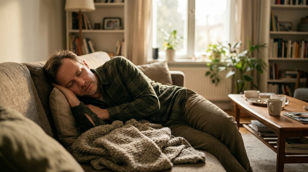 A man sleeping on a sofa in a cozy living room