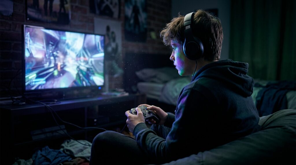 A teenager playing a video game with a gamepad in a dark room