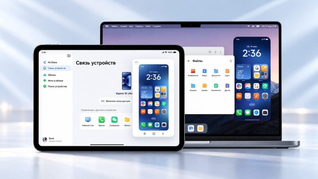 A Xiaomi phone screen mirrored on an Apple tablet and laptop