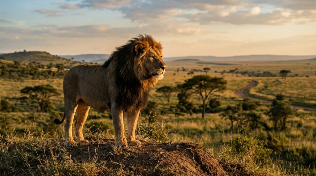A dark-maned lion on a hill in the African savanna
