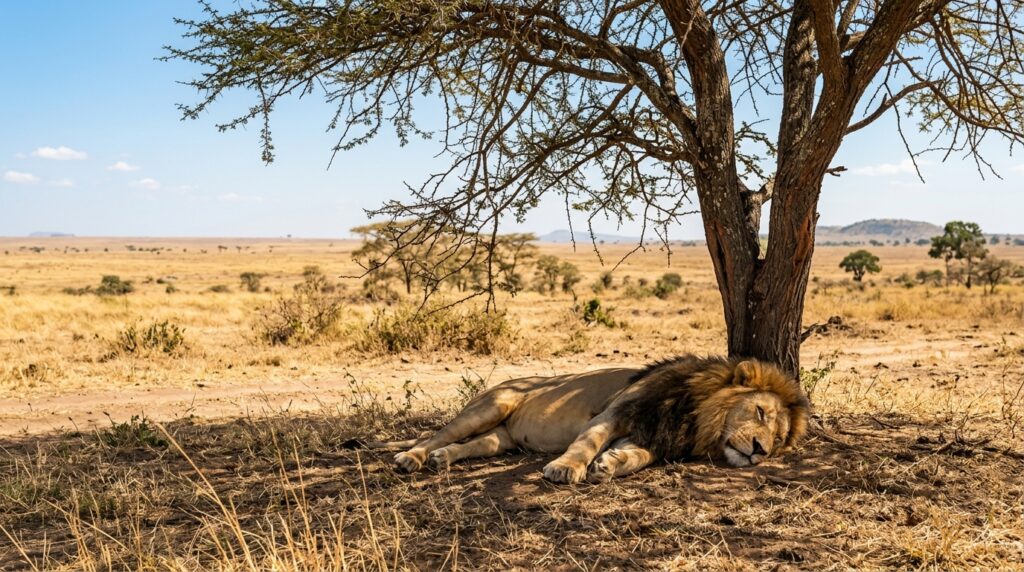 A lion resting in the shade of an acacia tree in the African savanna
