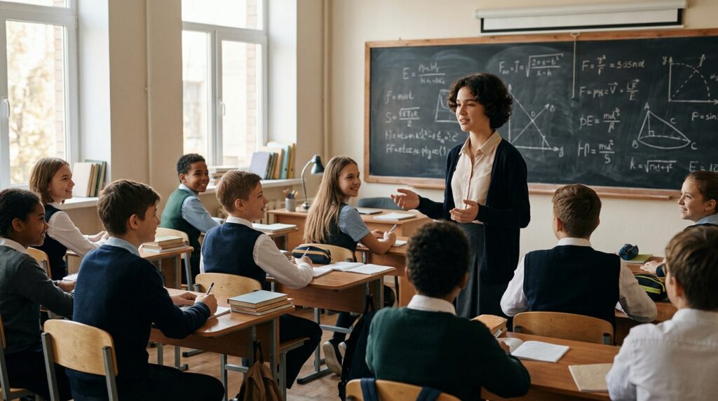 A teacher standing at the blackboard while students sit at their desks