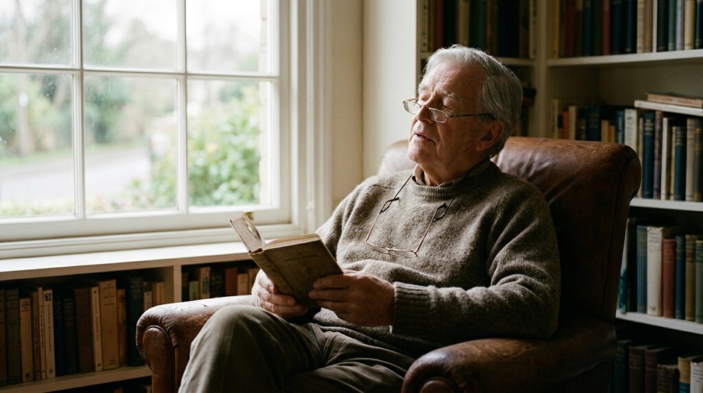 An elderly man reading a book in an armchair by the window
